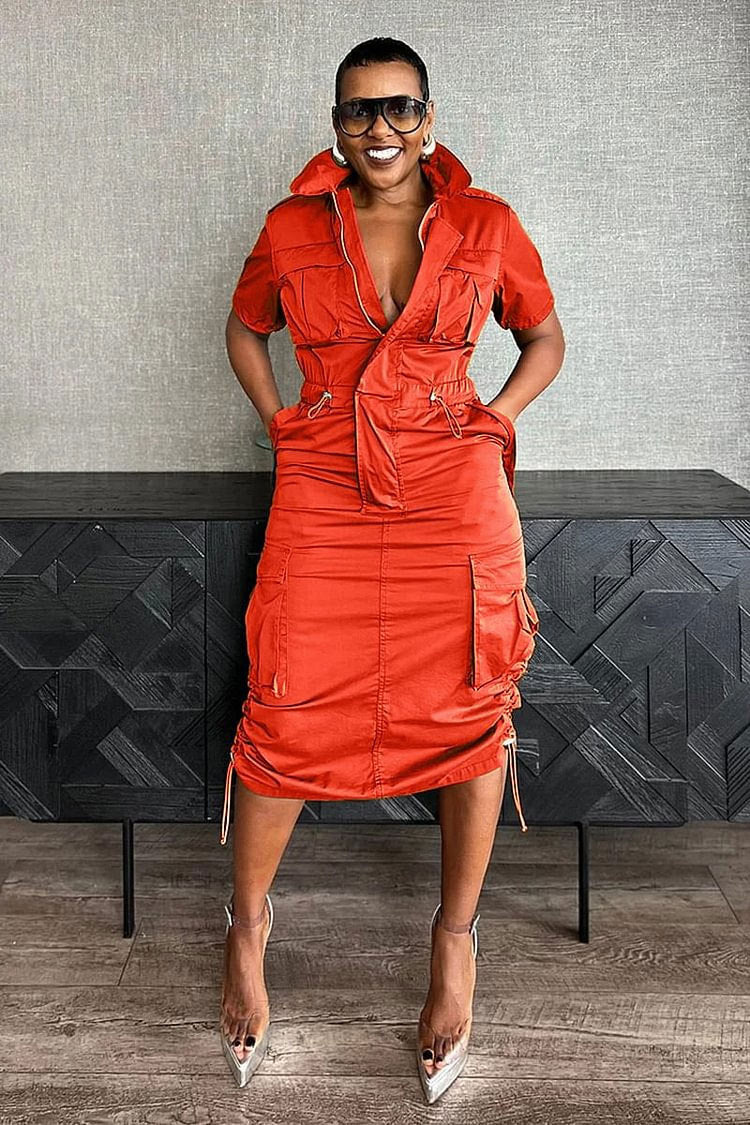 Stand Collar Zipper Drawstring Waist Pocket Midi Dresses