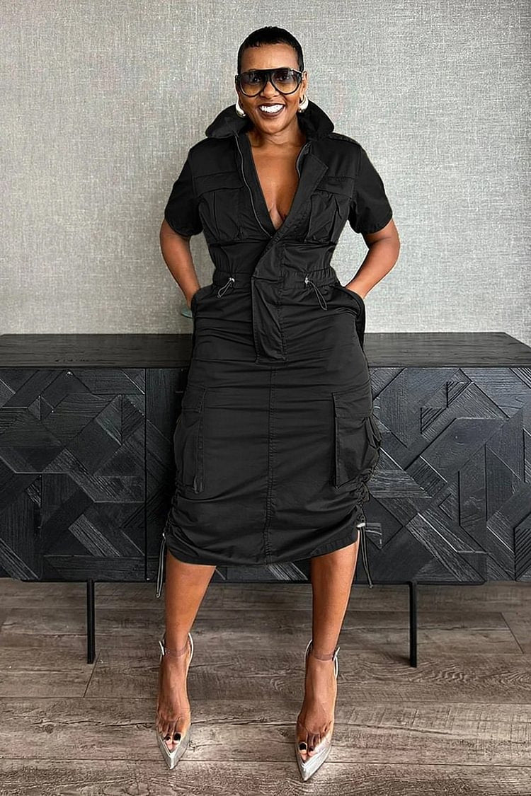 Stand Collar Zipper Drawstring Waist Pocket Midi Dresses