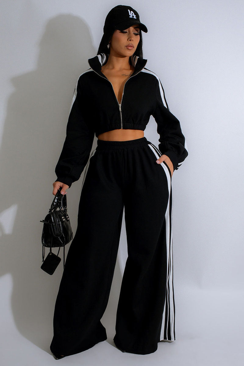 Colorblock Stripe Jacket Wide Leg Pants Casual 2pcs Set