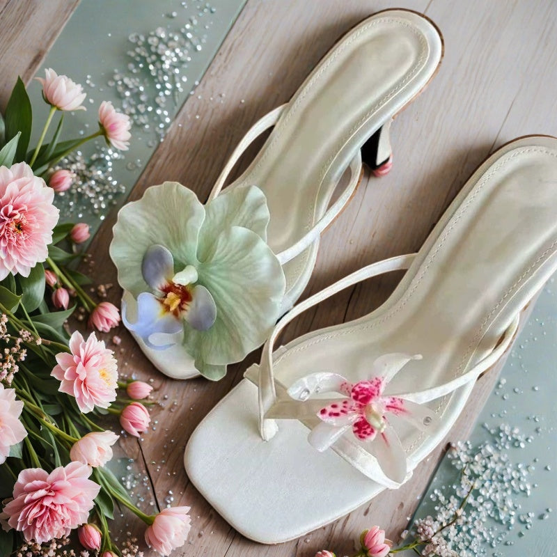 Floral-Detail Toe-Post Heeled Sandals