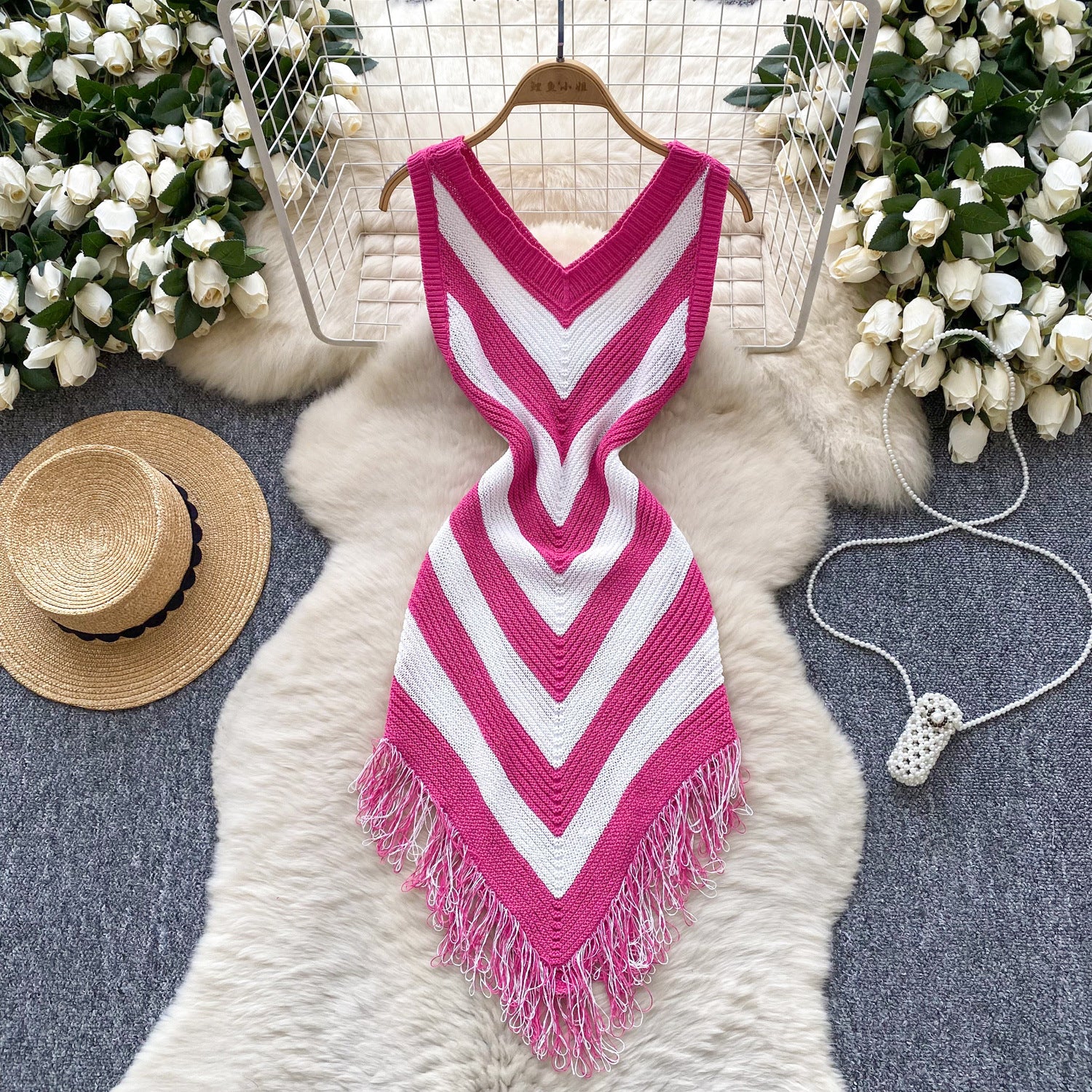 Retro Colorblock Diamond Tassel Dress
