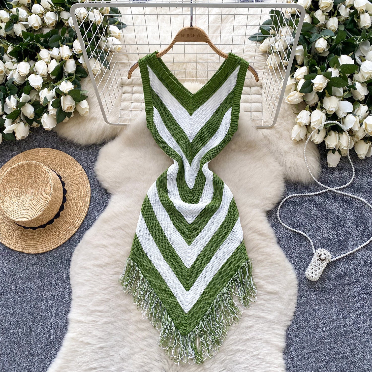 Retro Colorblock Diamond Tassel Dress