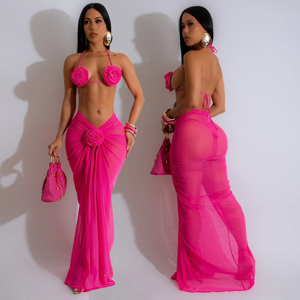 Floral bikini skirt three piece set