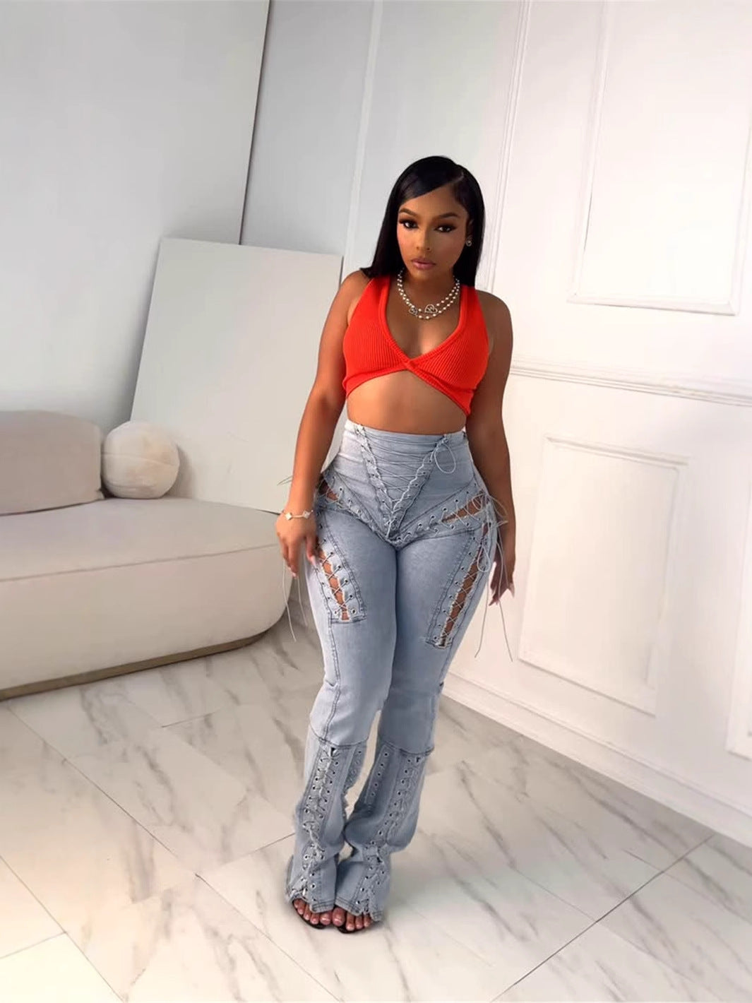 Tie-strap hollow denim pants