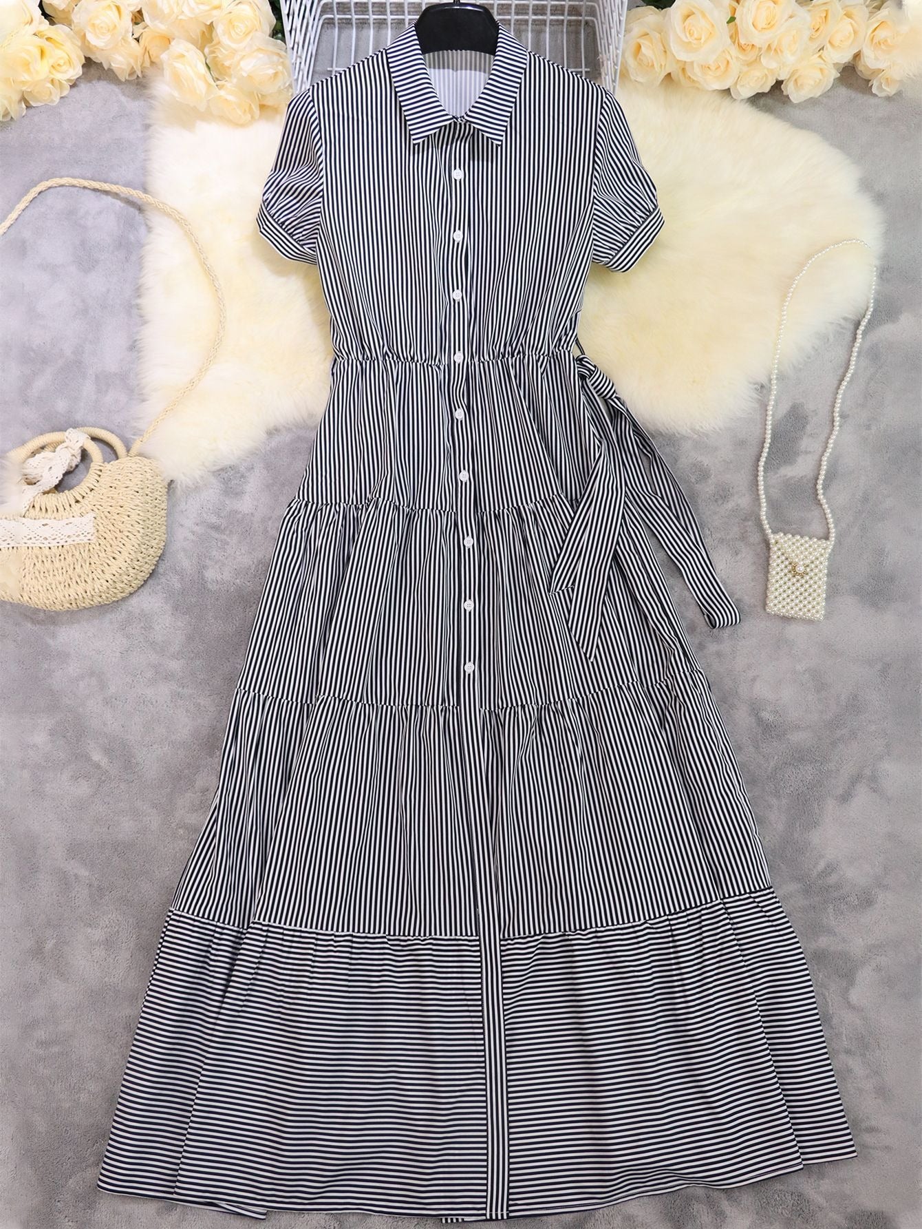 Striped short-sleeved long skirt