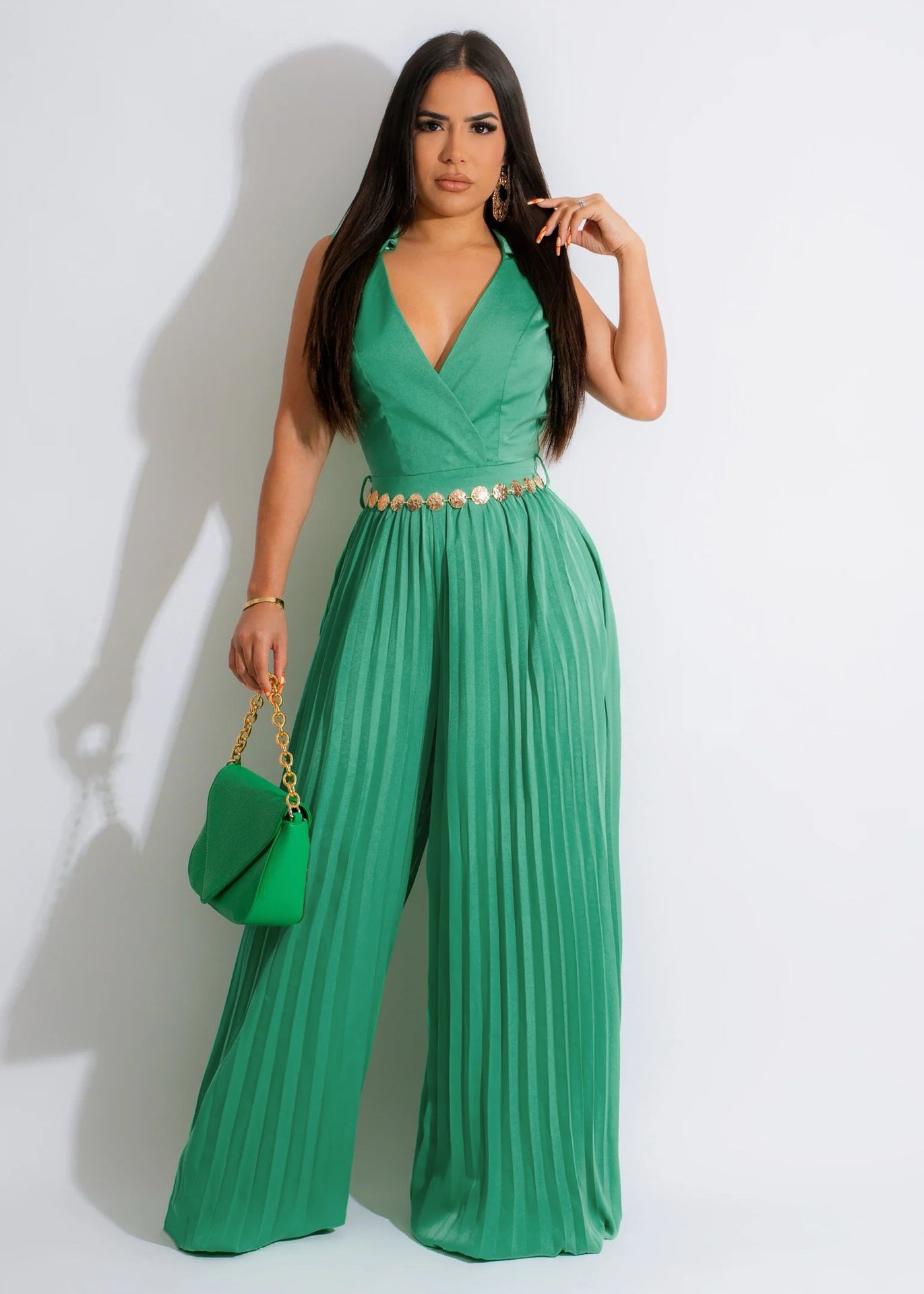 V-neck pleated jumpsuit