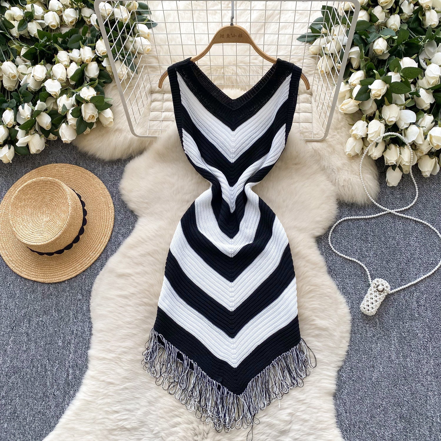Retro Colorblock Diamond Tassel Dress