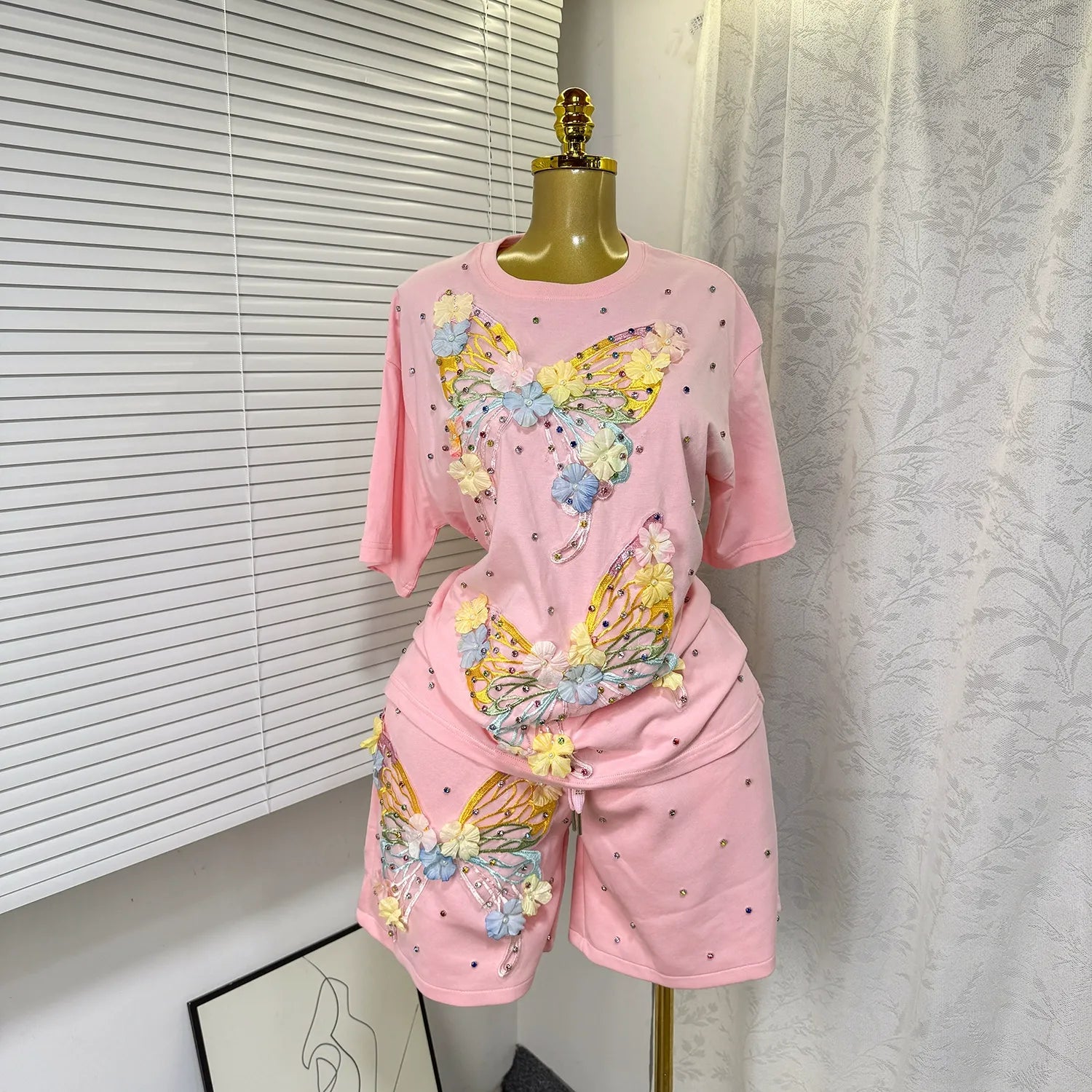 Butterfly diamond short-sleeved two-piece suit