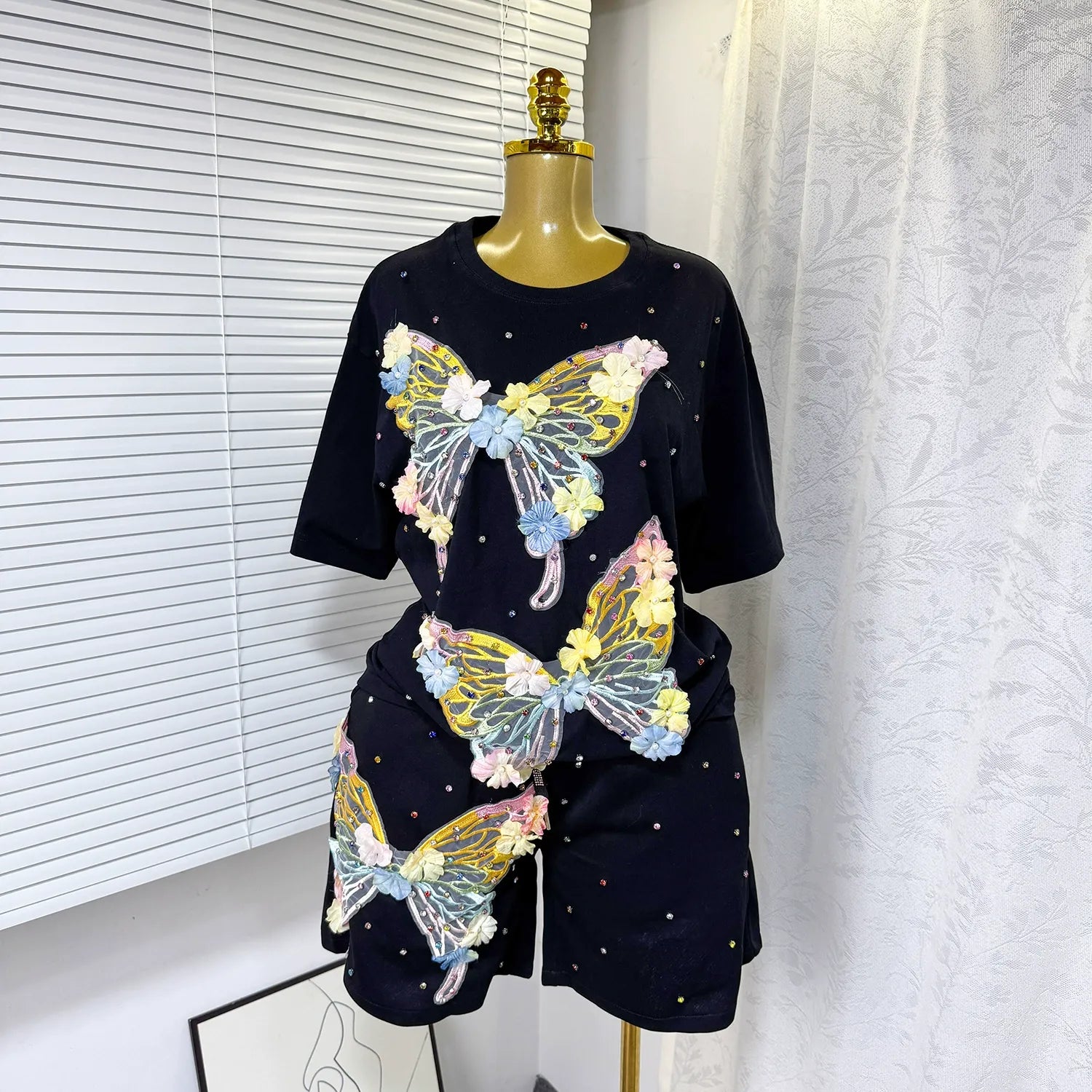 Butterfly diamond short-sleeved two-piece suit