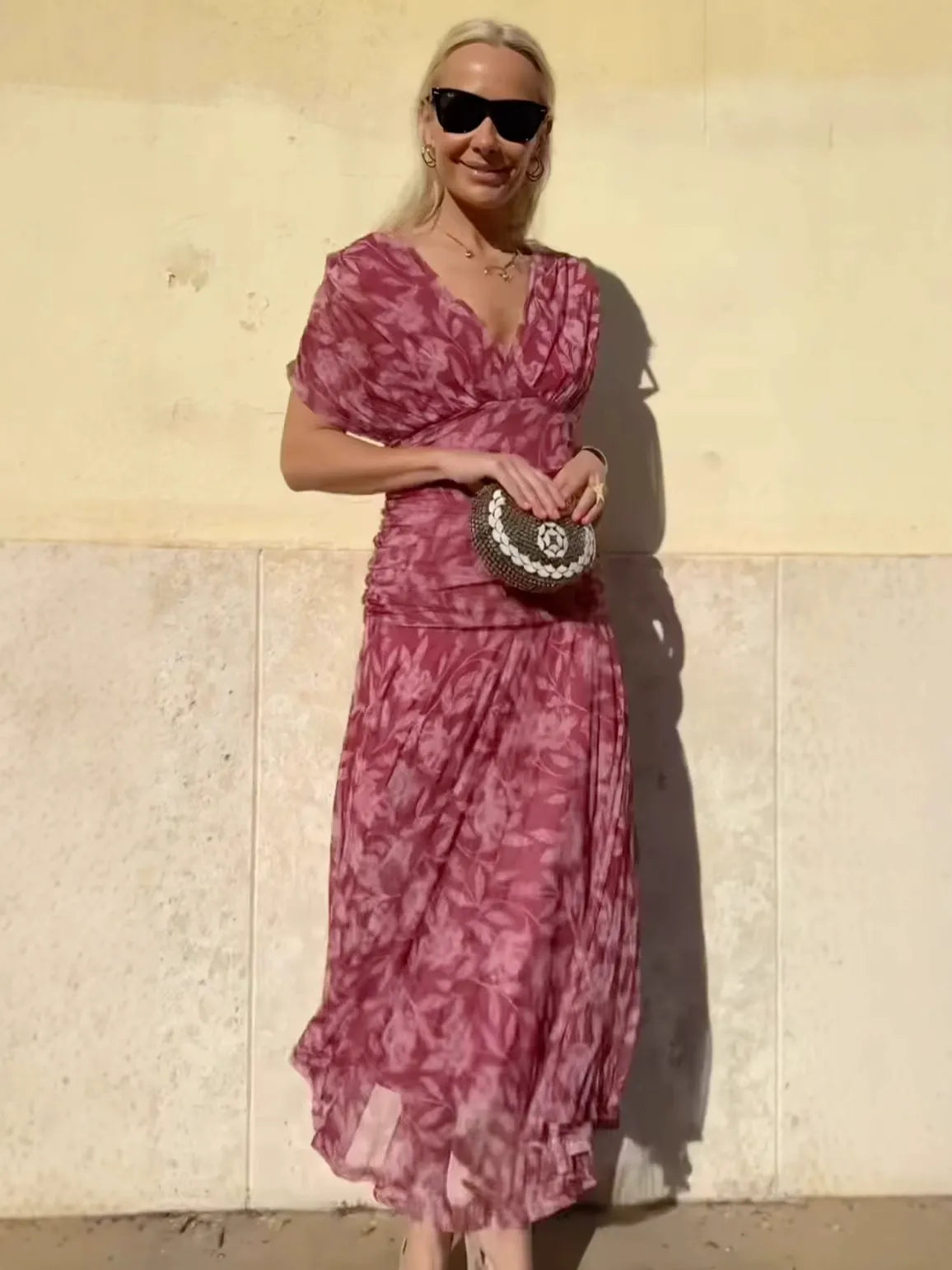 Summer V-neck pleated mesh dress