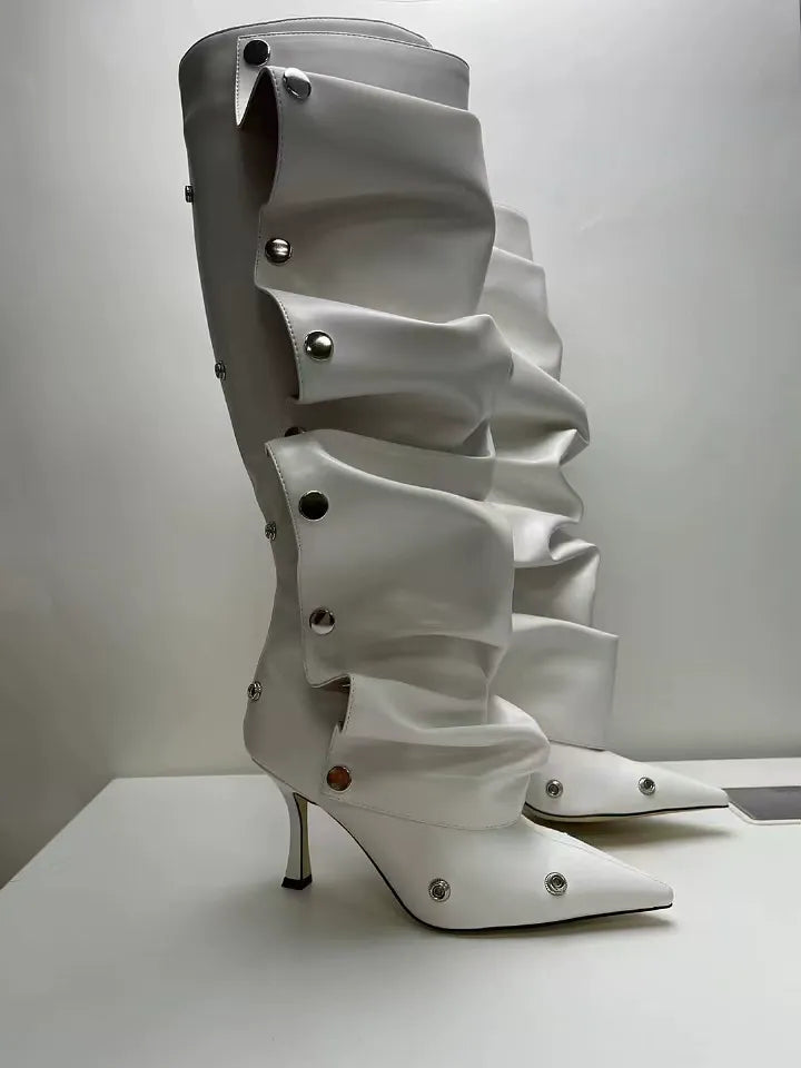 Spliced two-way stacked knee-high boots