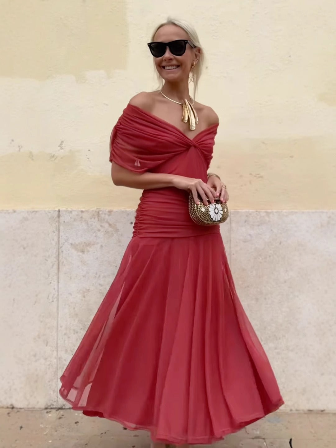 Summer V-neck pleated mesh dress