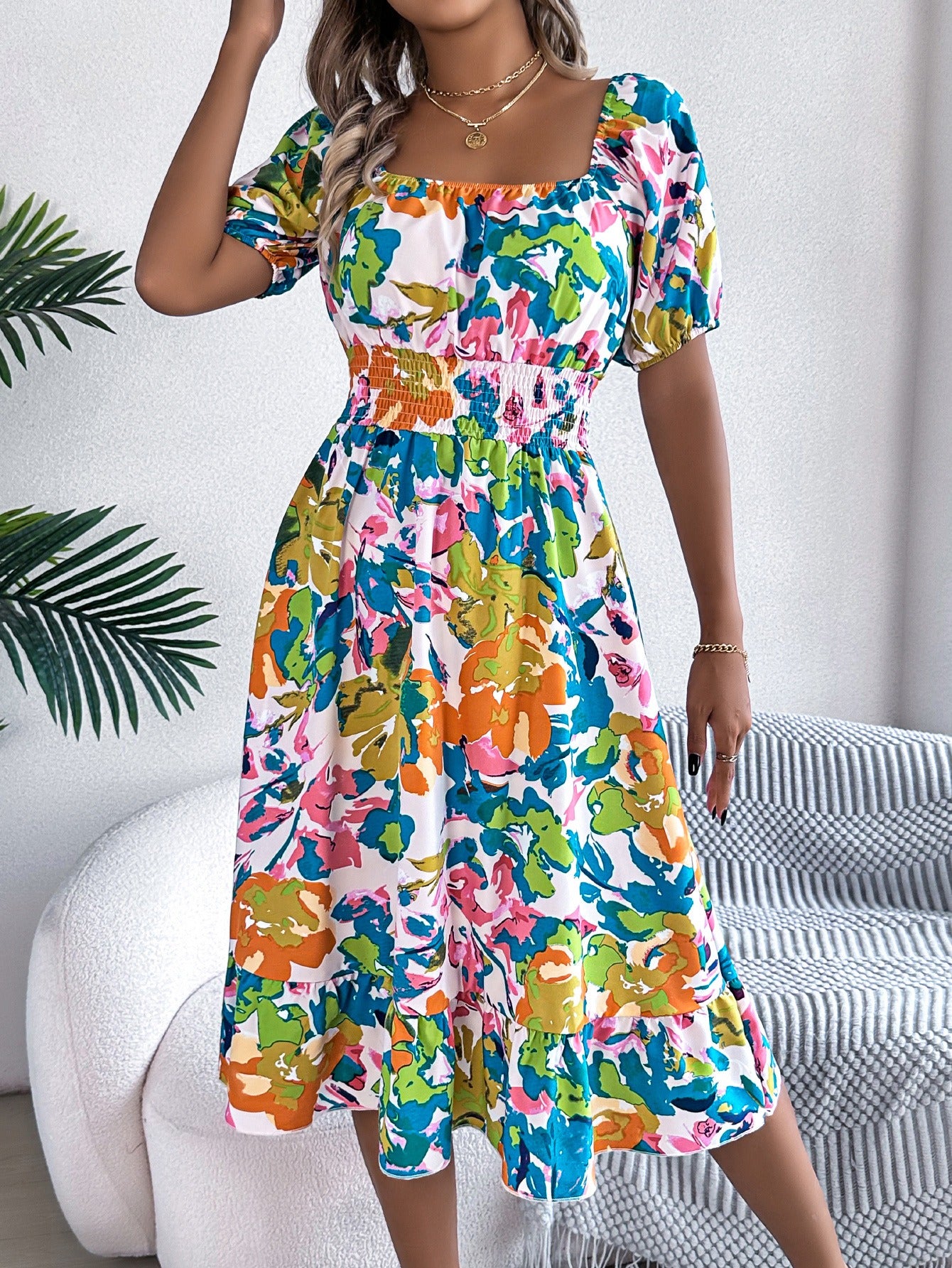 Floral Short Sleeve Ruffled A-Line Dress
