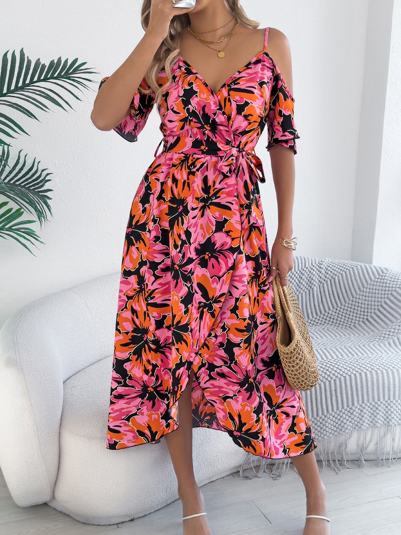 Off-the-shoulder V-neck floral resort dress