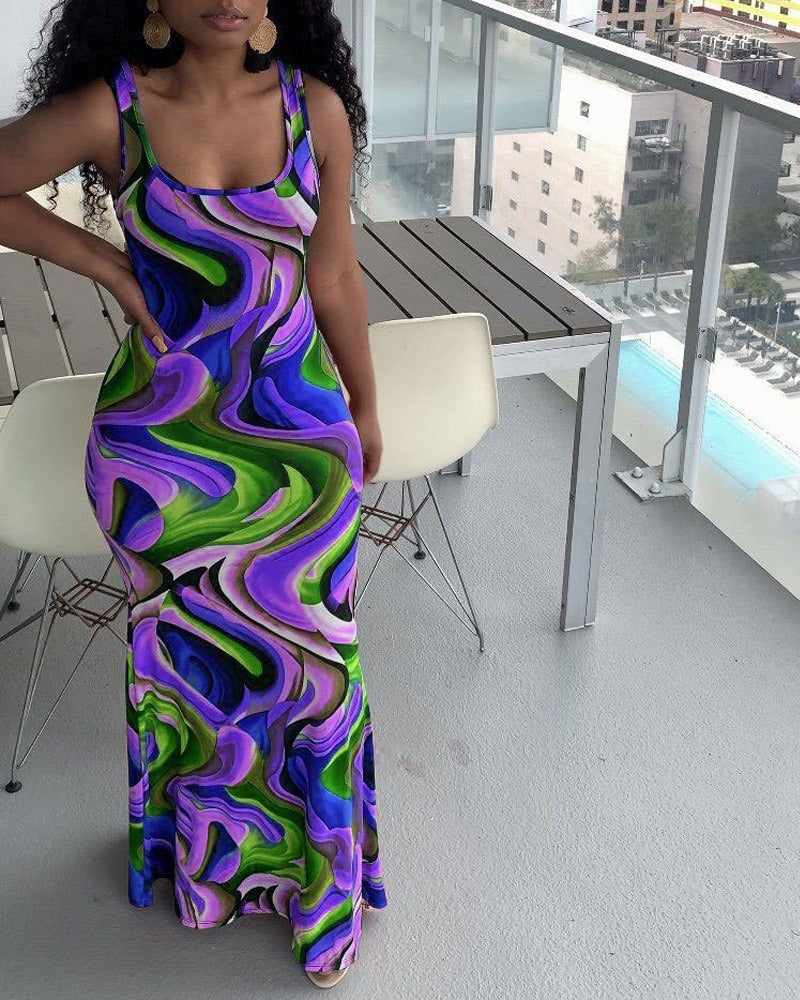 Abstract wave print maxi dress