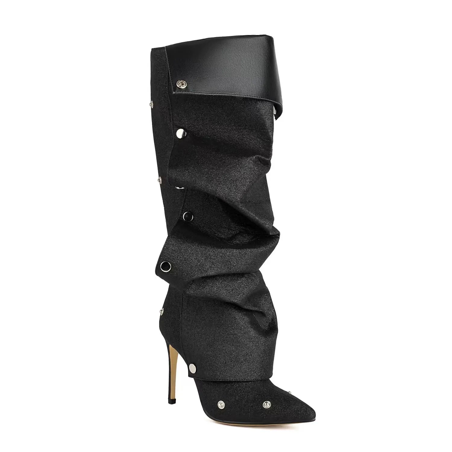 Spliced two-way stacked knee-high boots