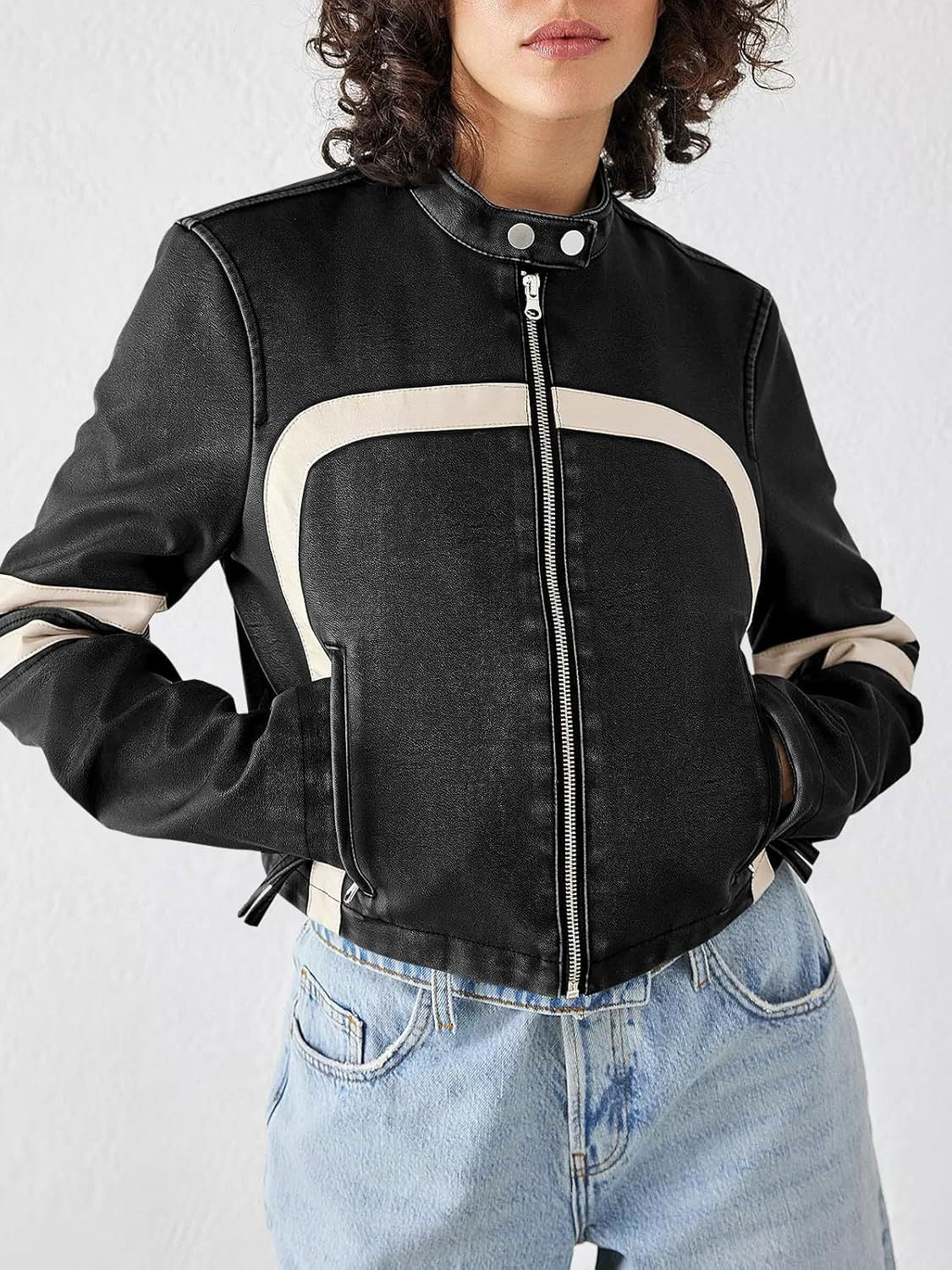 Contrast color stitching leather jacket