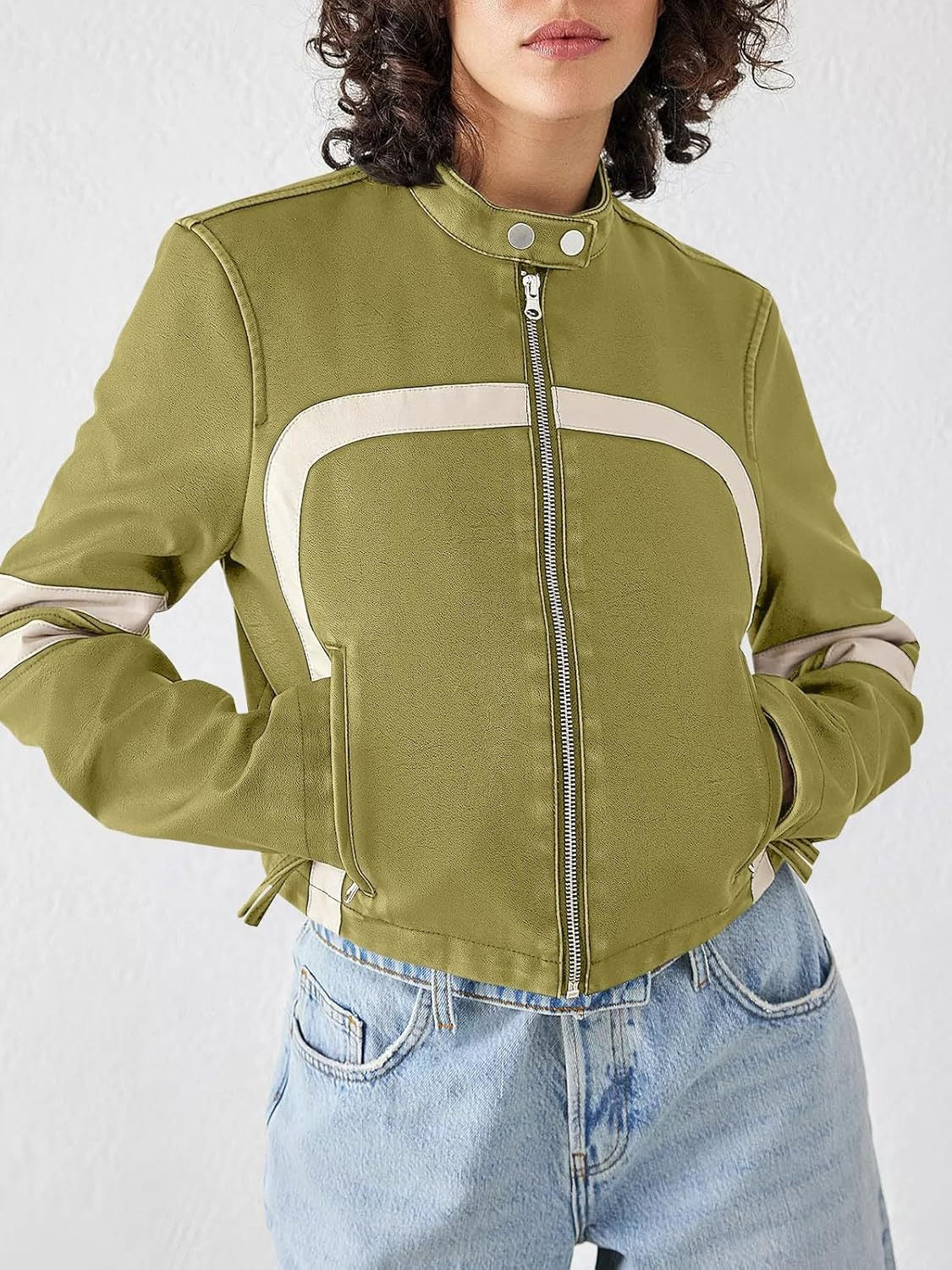 Contrast color stitching leather jacket