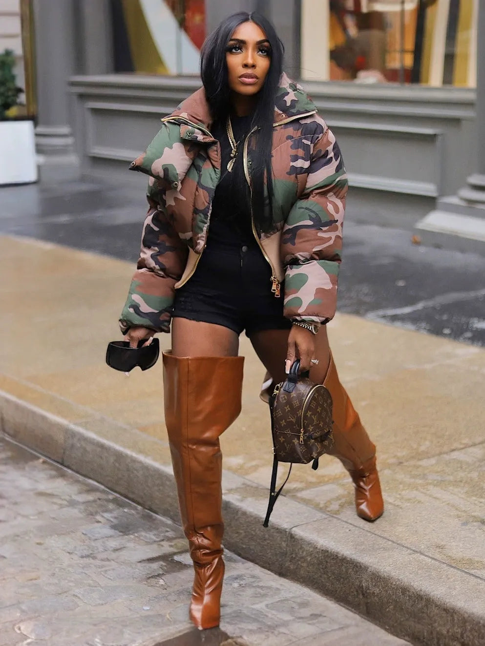 Retro camouflage print short warm jacket