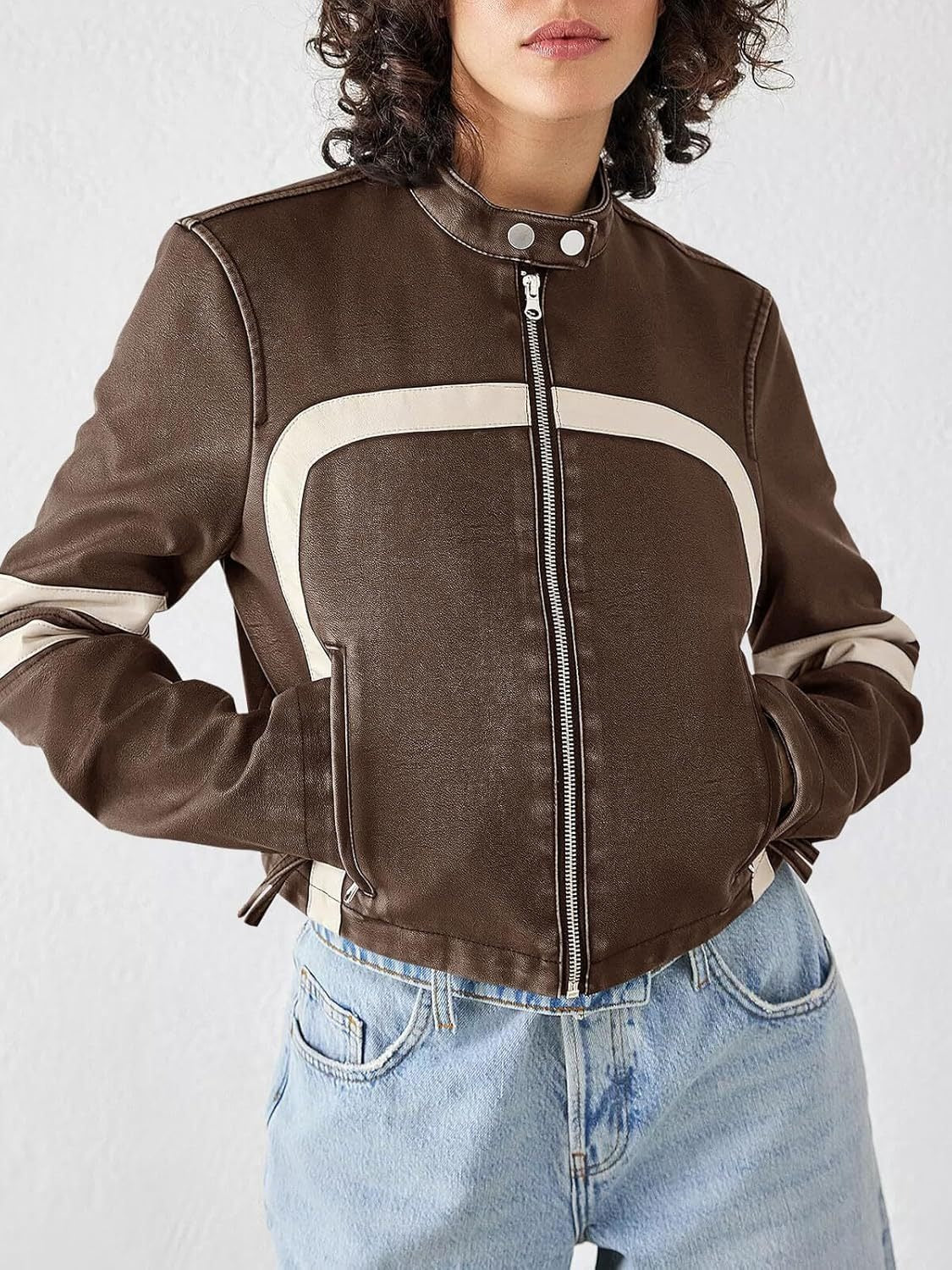 Contrast color stitching leather jacket