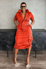 Stand Collar Zipper Drawstring Waist Pocket Midi Dresses