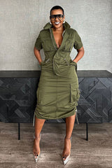 Stand Collar Zipper Drawstring Waist Pocket Midi Dresses