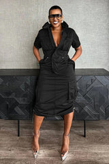 Stand Collar Zipper Drawstring Waist Pocket Midi Dresses