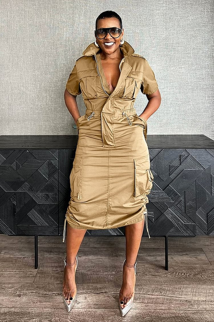 Stand Collar Zipper Drawstring Waist Pocket Midi Dresses