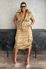 Stand Collar Zipper Drawstring Waist Pocket Midi Dresses