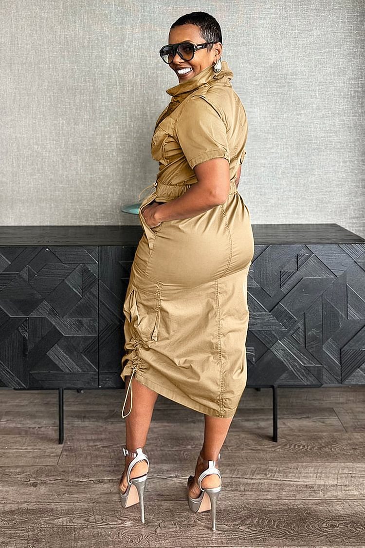 Stand Collar Zipper Drawstring Waist Pocket Midi Dresses
