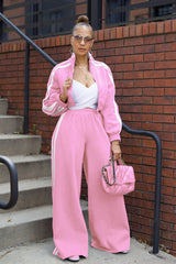 Colorblock Stripe Jacket Wide Leg Pants Casual 2pcs Set