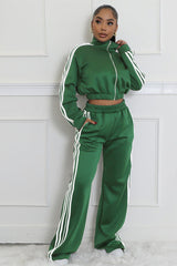 Colorblock Stripe Jacket Wide Leg Pants Casual 2pcs Set