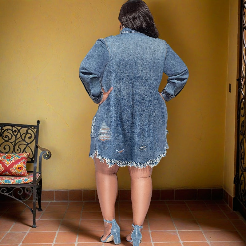 Oversized tassel ripped denim jacket dress