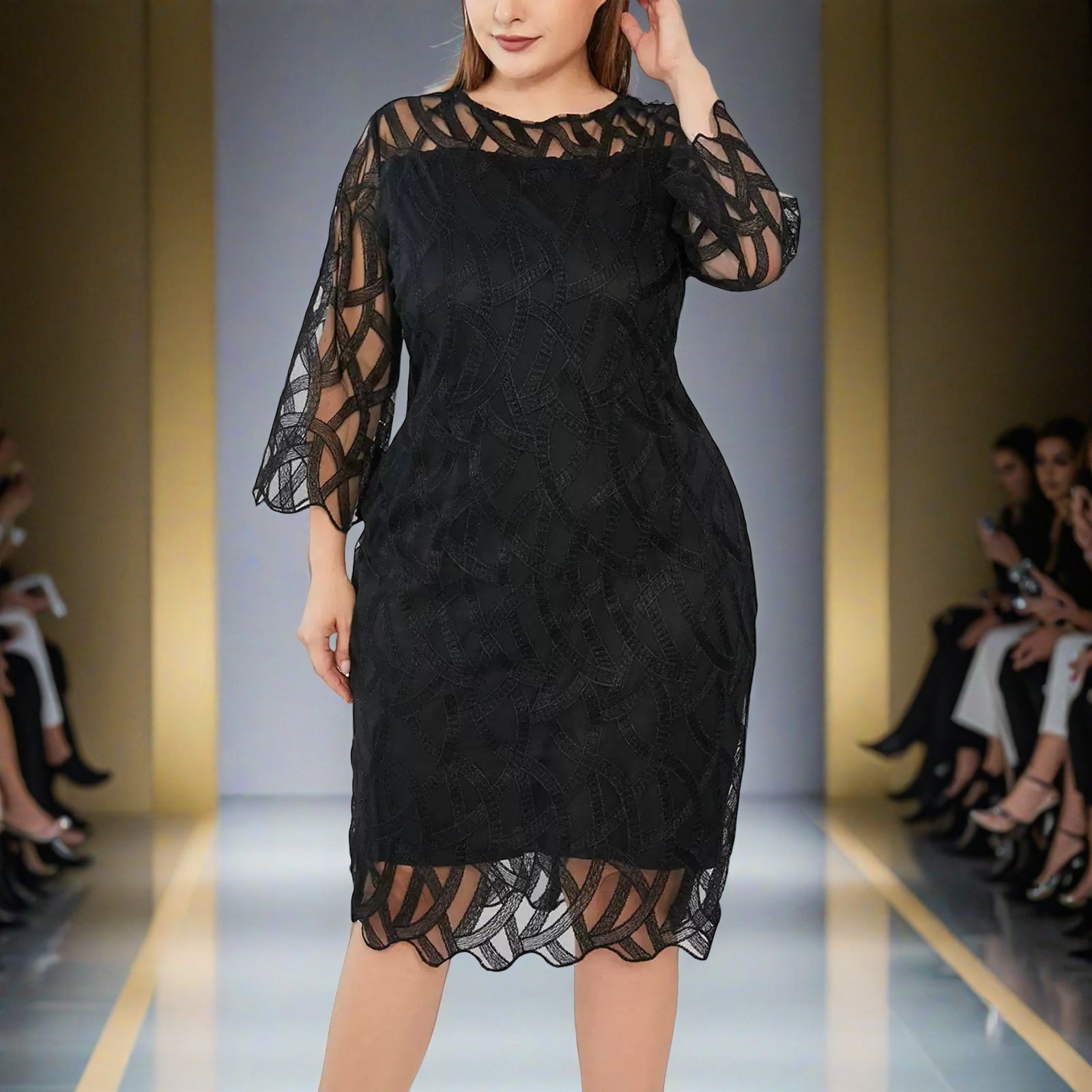 Plus Size Lace Trim Group Color Party Dress