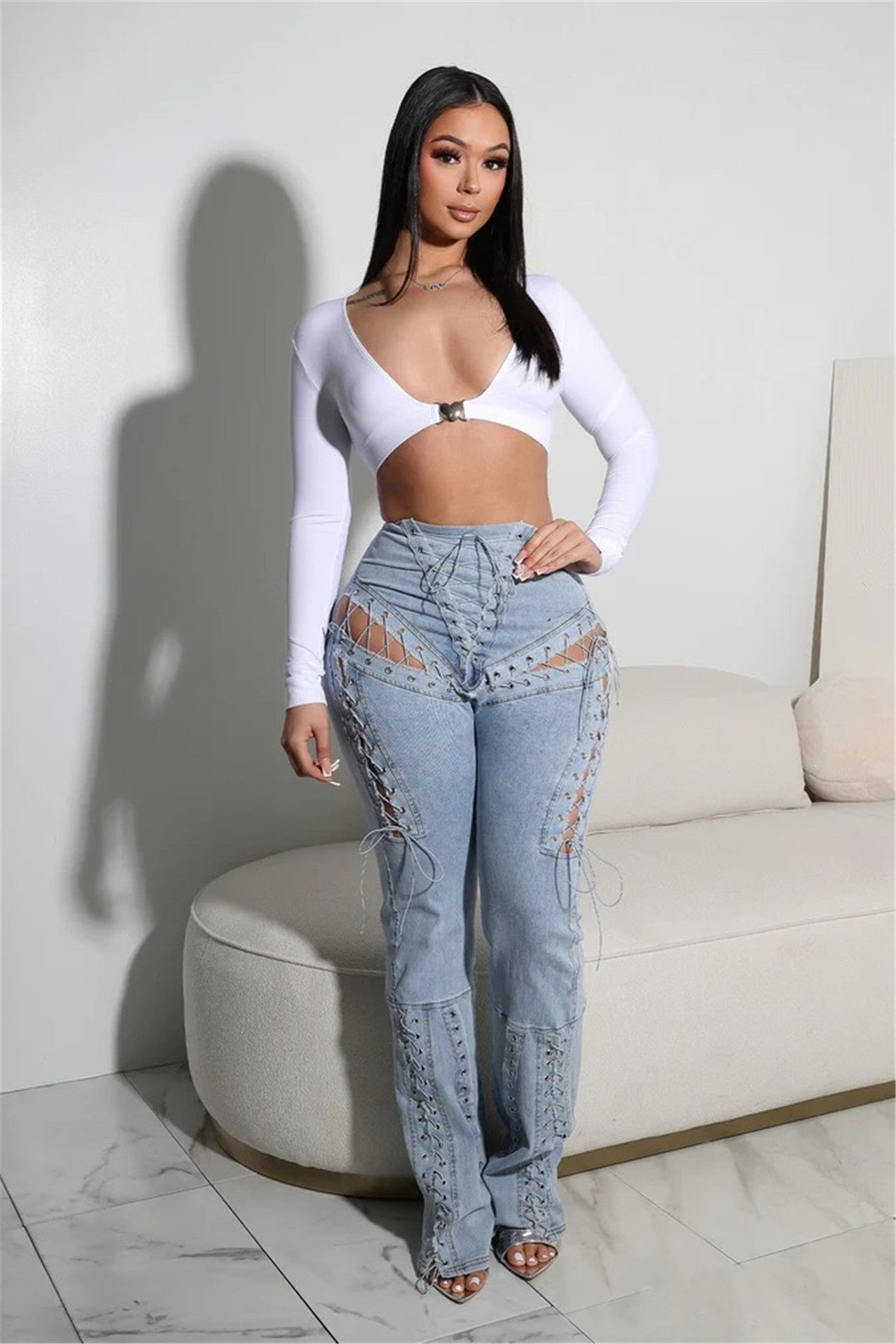 Tie-strap hollow denim pants