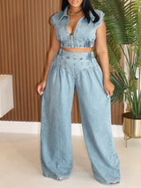 Denim sleeveless two piece suit