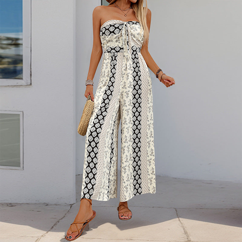 High waist tie ethnic style jumpsuit