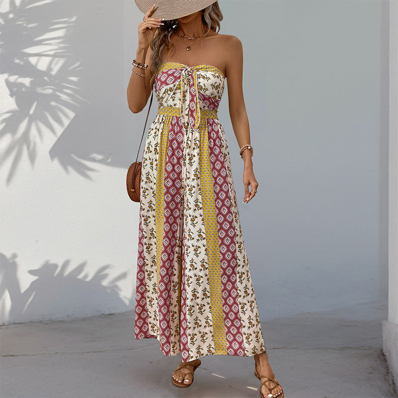 High waist tie ethnic style jumpsuit