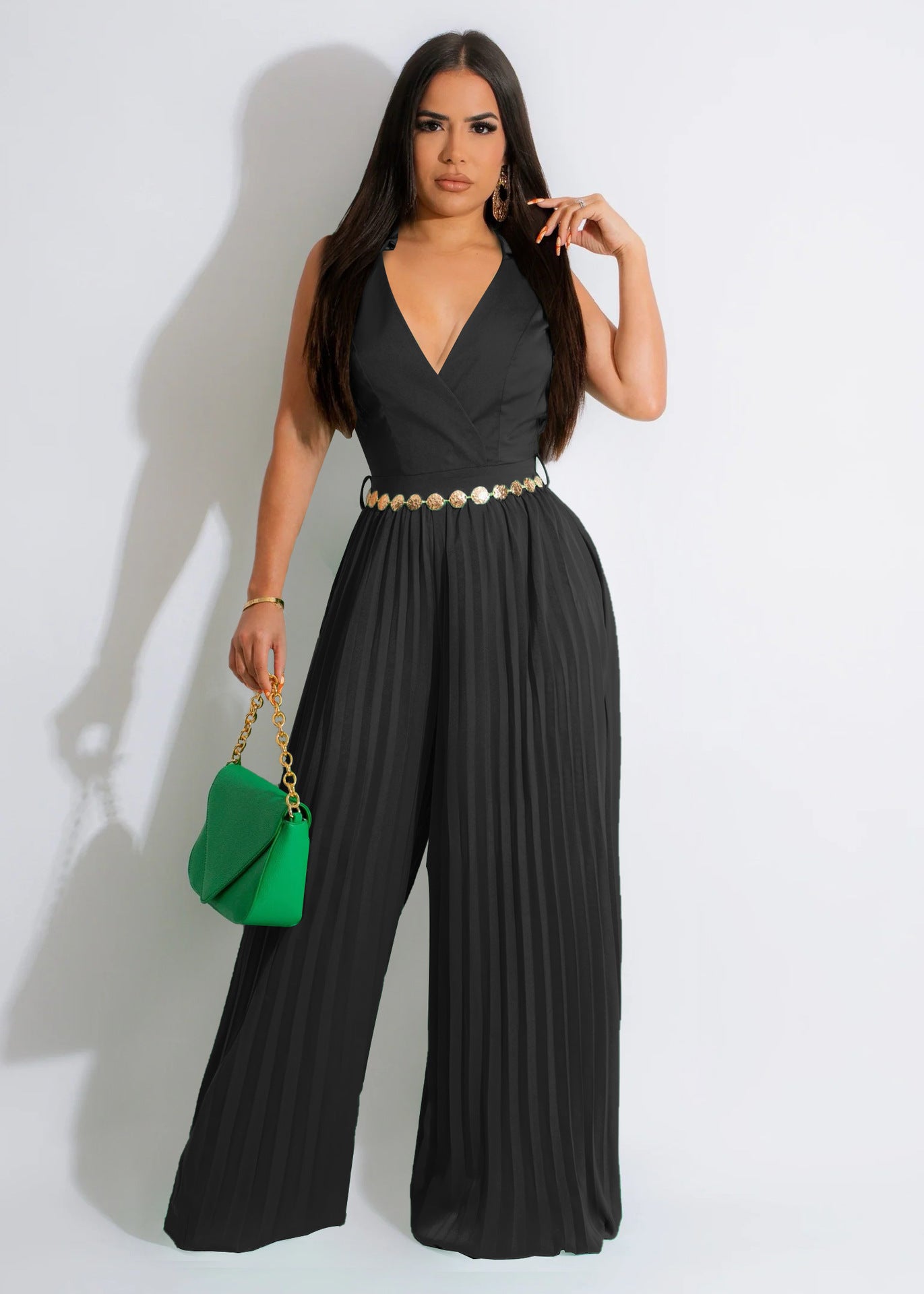 V-neck pleated jumpsuit