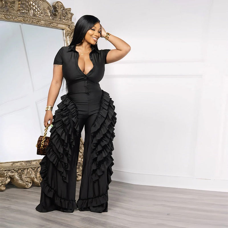 V-neck button jumpsuit