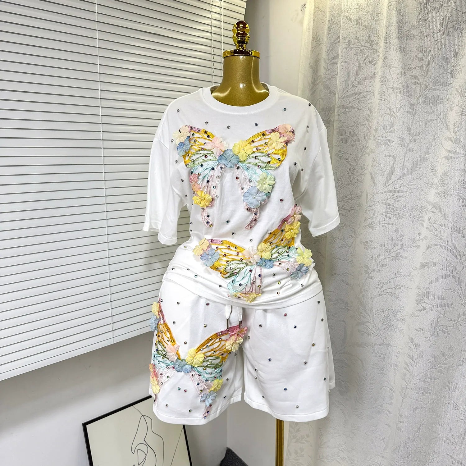 Butterfly diamond short-sleeved two-piece suit