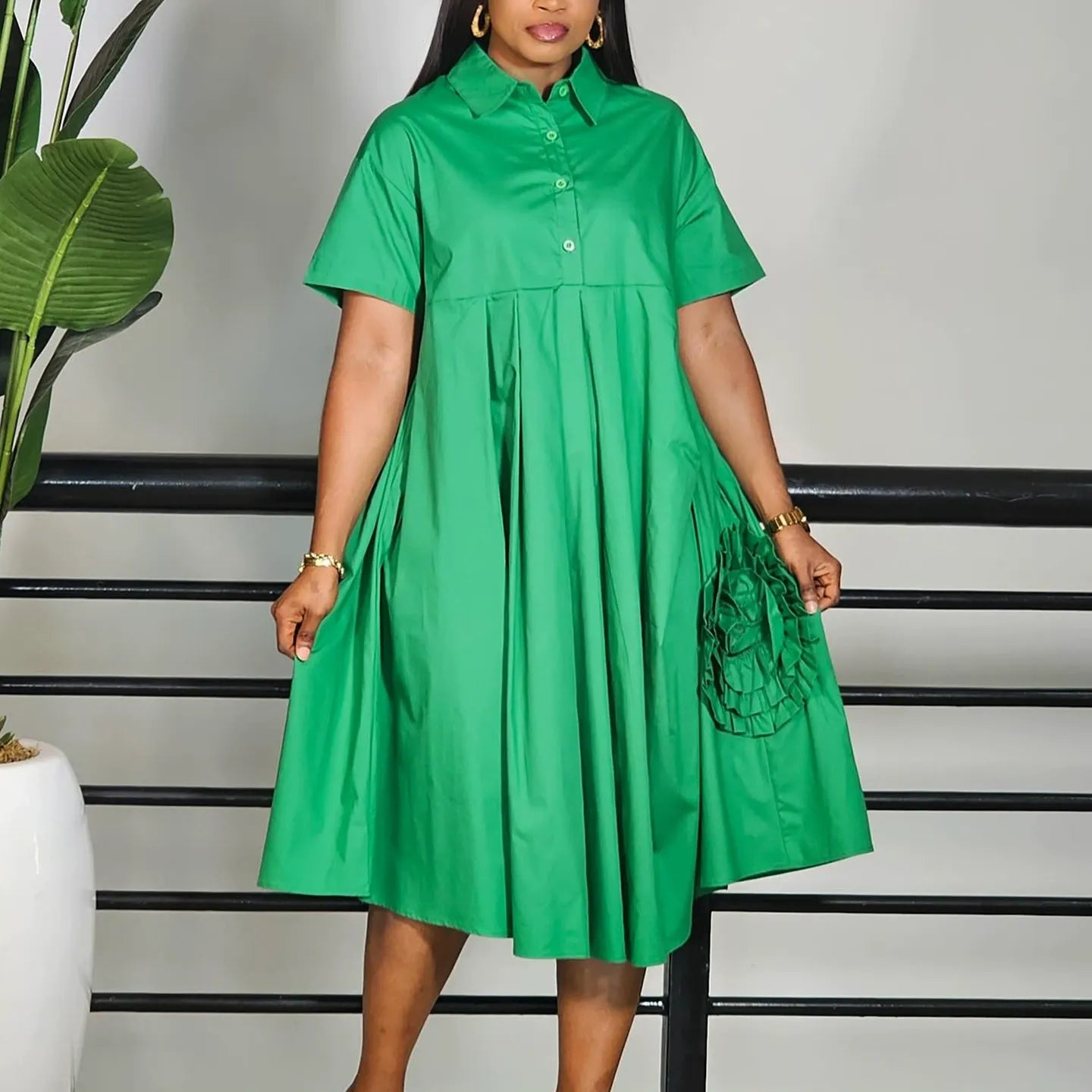 3D-Floral A-Line Shirt Dress