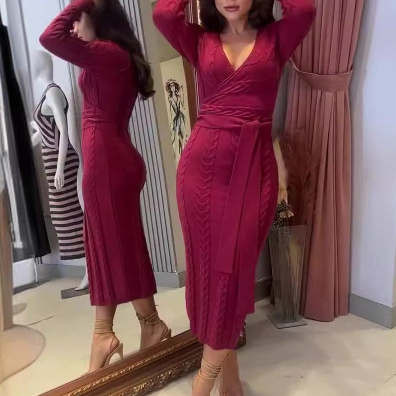 Knitted high-waisted tie-dress