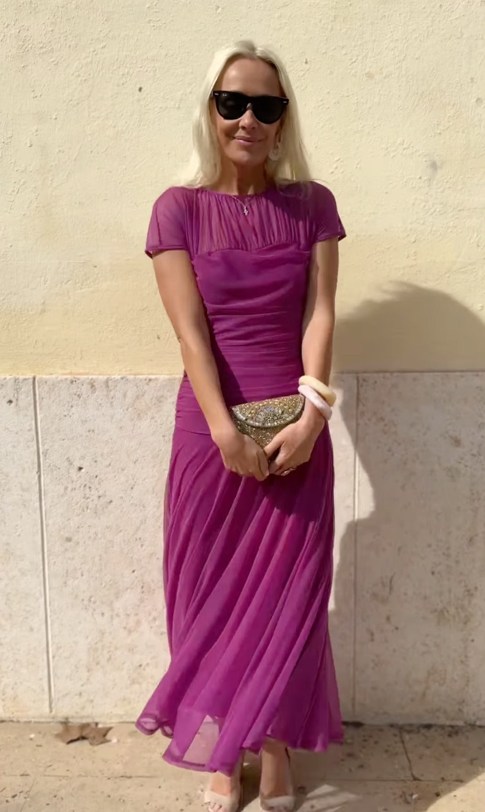 Mesh round neck short sleeve pleated dress