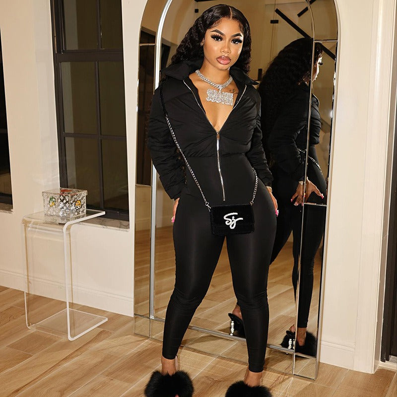 Stylish Elastic Fitted Zipper Warm Padded Bodysuit