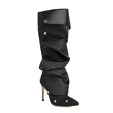 Spliced two-way stacked knee-high boots