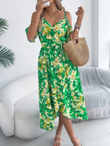 Off-the-shoulder V-neck floral resort dress