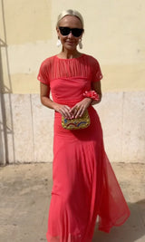 Mesh round neck short sleeve pleated dress