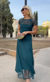 Mesh round neck short sleeve pleated dress