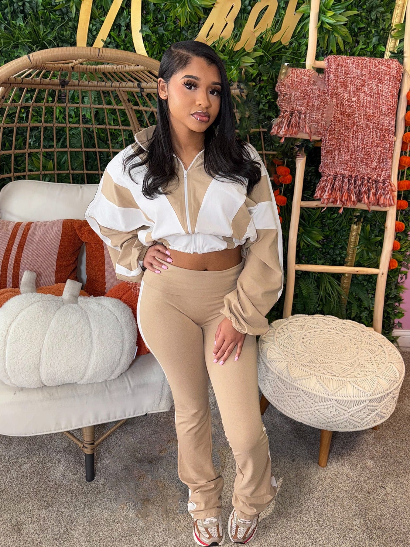 Spliced contrast color sports two-piece Set